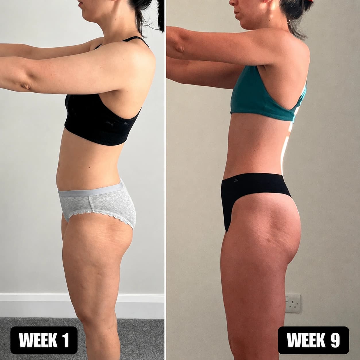 Approved combined before-and-after physique transformation photographs of Andreia after nine weeks of coaching